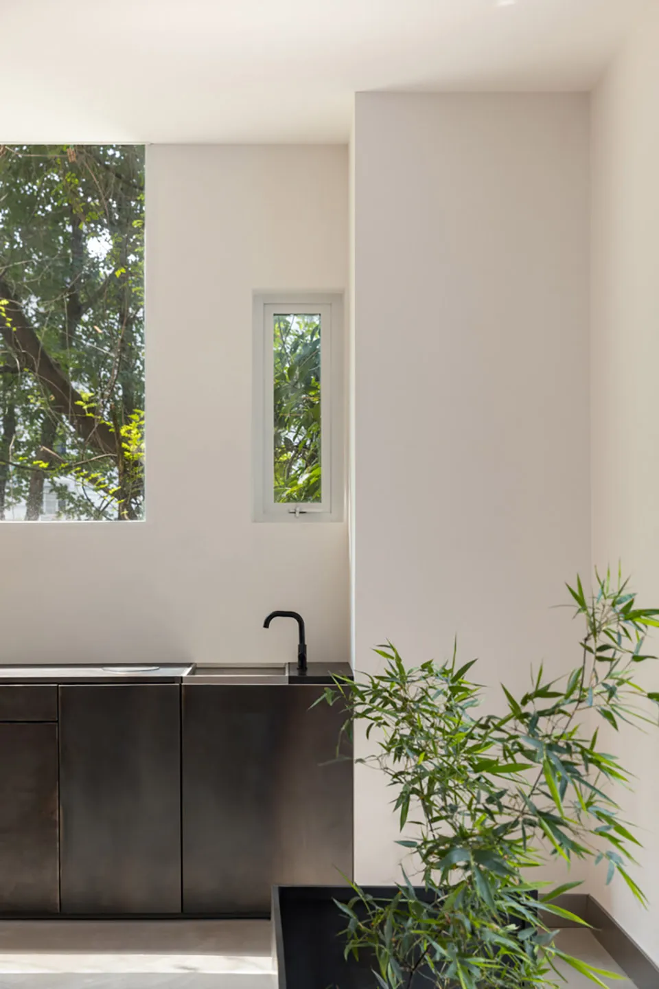 A well-lit bathroom with a sink, two potted plants, and natural light from windows