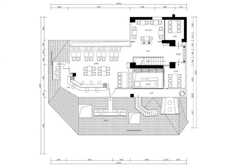 多張餐桌、椅子與水槽的商業餐飲空間，具備現代且實用的平面布局