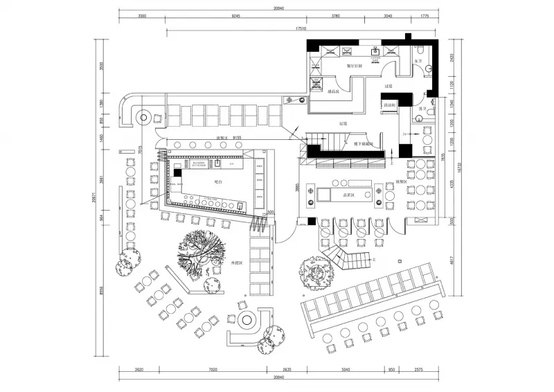 現代建築的 2D 平面圖，融合室內外區域，展現乾淨線條、混凝土、玻璃與金屬材質