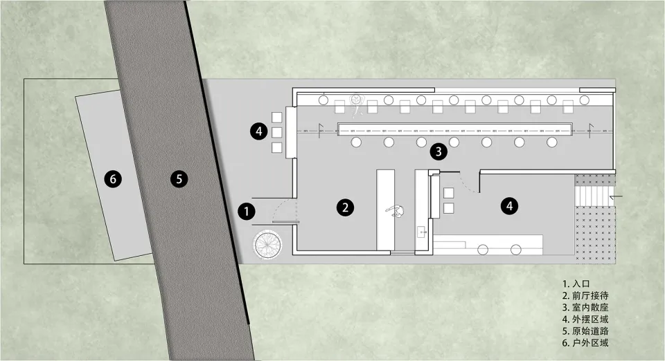 2D floor plan of a modern office space with chairs and dining tables, featuring a functional and efficient layout