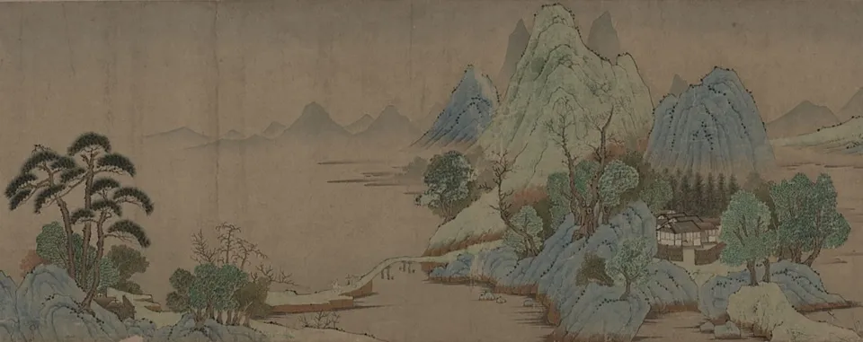 寧靜的山景，橋樑橫跨河流，場景中散布著人們
