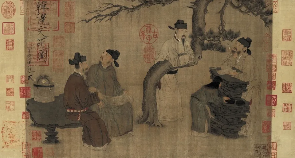 A serene oriental courtyard scene with people standing and sitting in a peaceful atmosphere