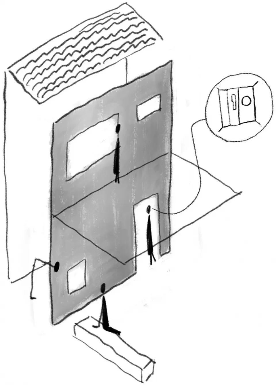 A black and white sketch of a house with three people interacting inside, suggesting a sense of curiosity and exploration