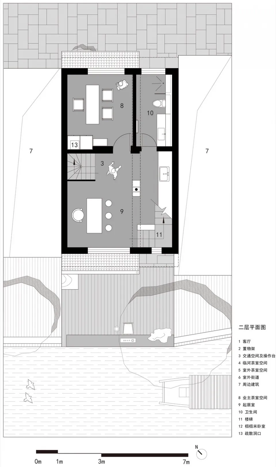 Two-story house floor plan with modern and traditional elements, featuring living room, kitchen, dining area, bedroom, and bathroom, with natural light and strategic window placement