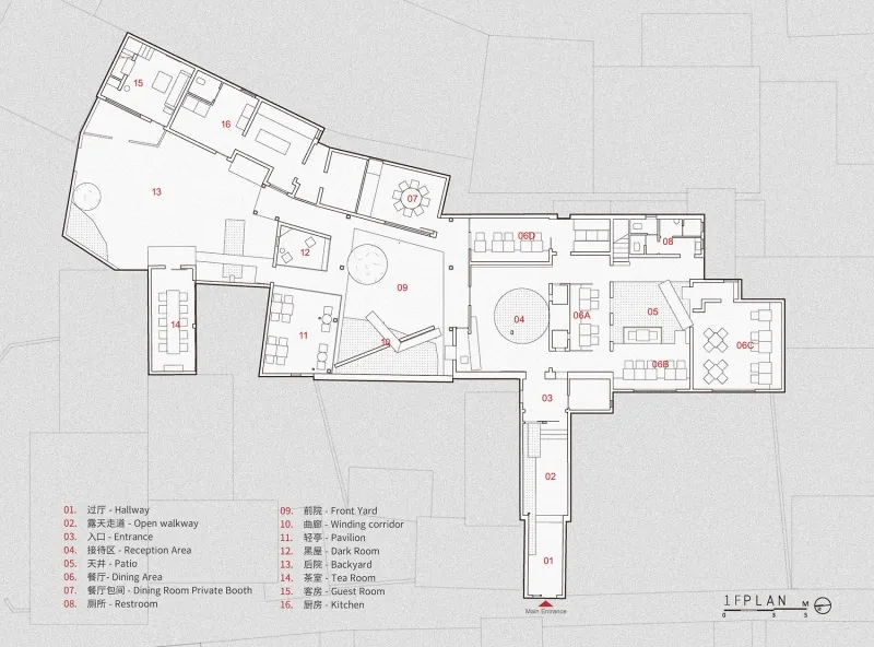 Detailed modern hotel floor plan with dining area, tea room, kitchen, and private bathroom, featuring measurements and labels