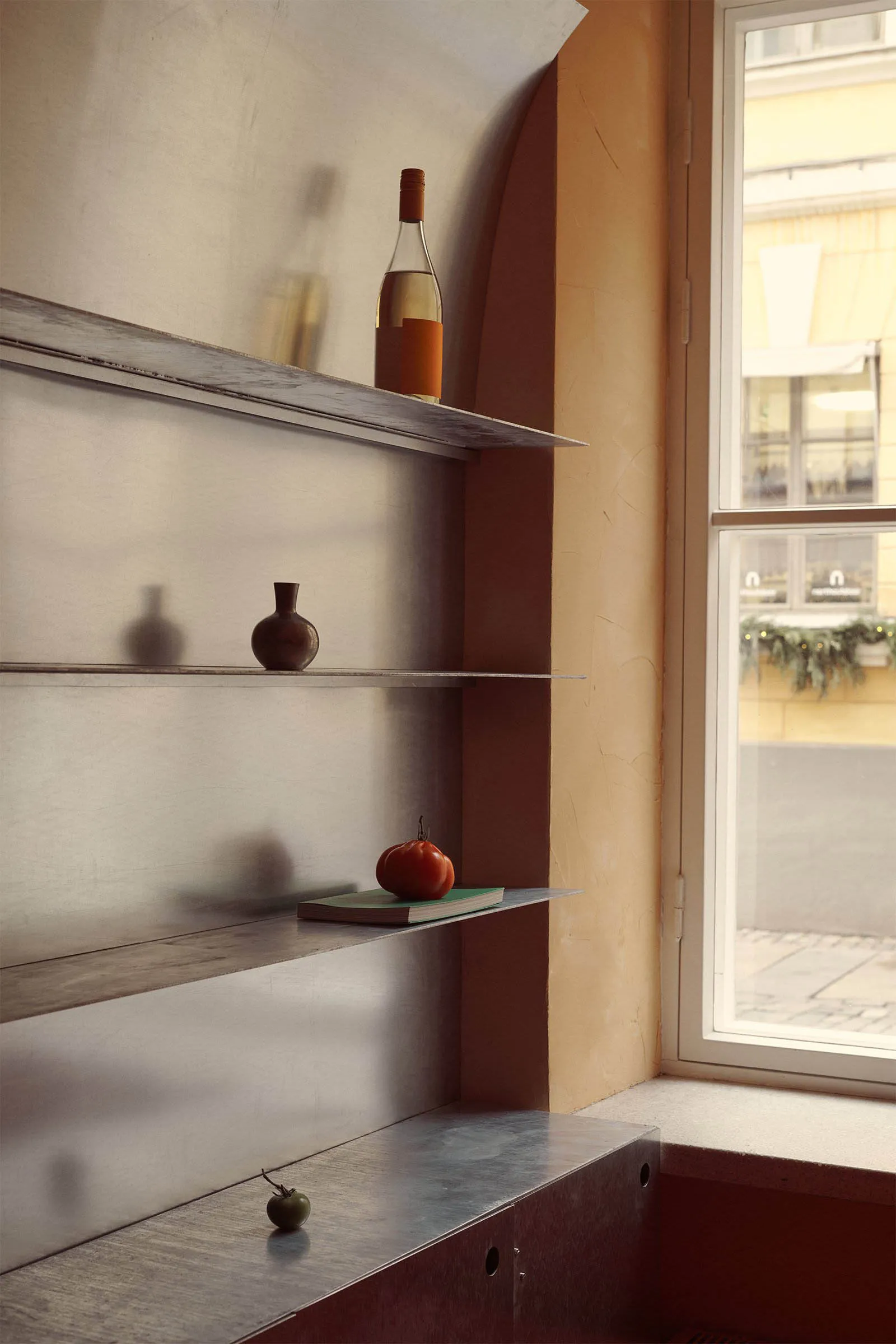 A cluttered study with a wooden bookshelf, bottles, and an apple, near a window with natural light