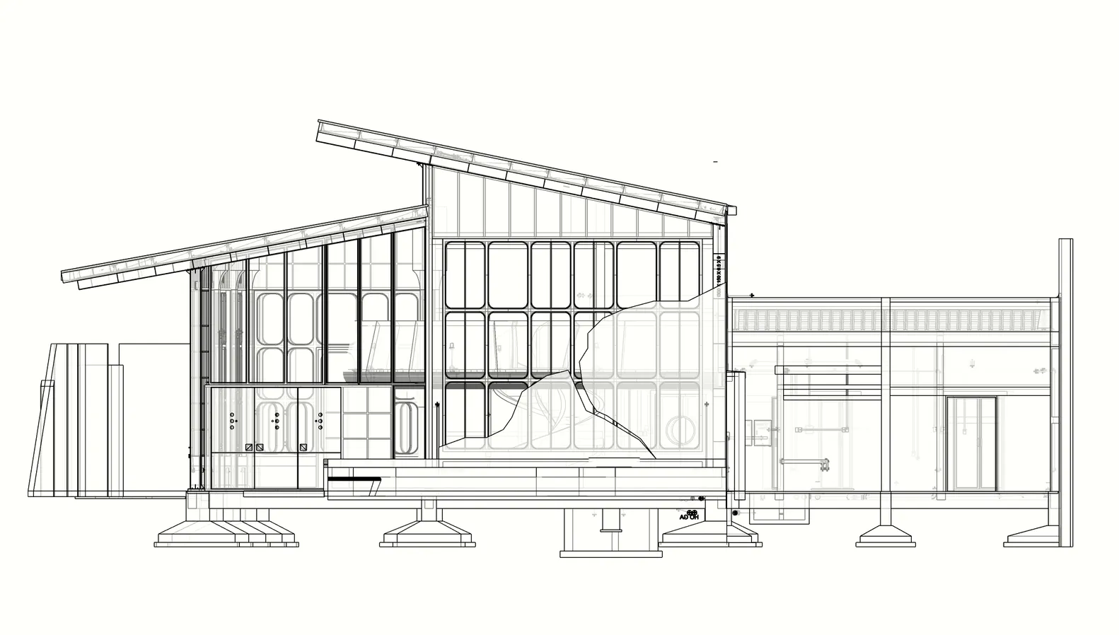 A modern house on stilts with a combination of wood and glass elements, situated in a coastal area with water nearby