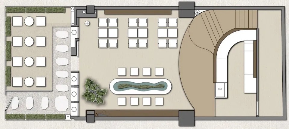 A modern lobby with chairs and a dining table, creating a comfortable and inviting atmosphere