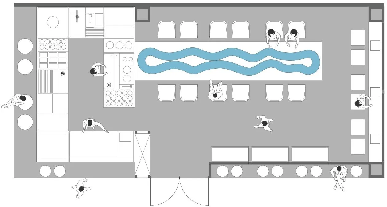 Black and white floor plan of a well-organized building with clear divisions between kitchen, dining area, living room, and bedroom