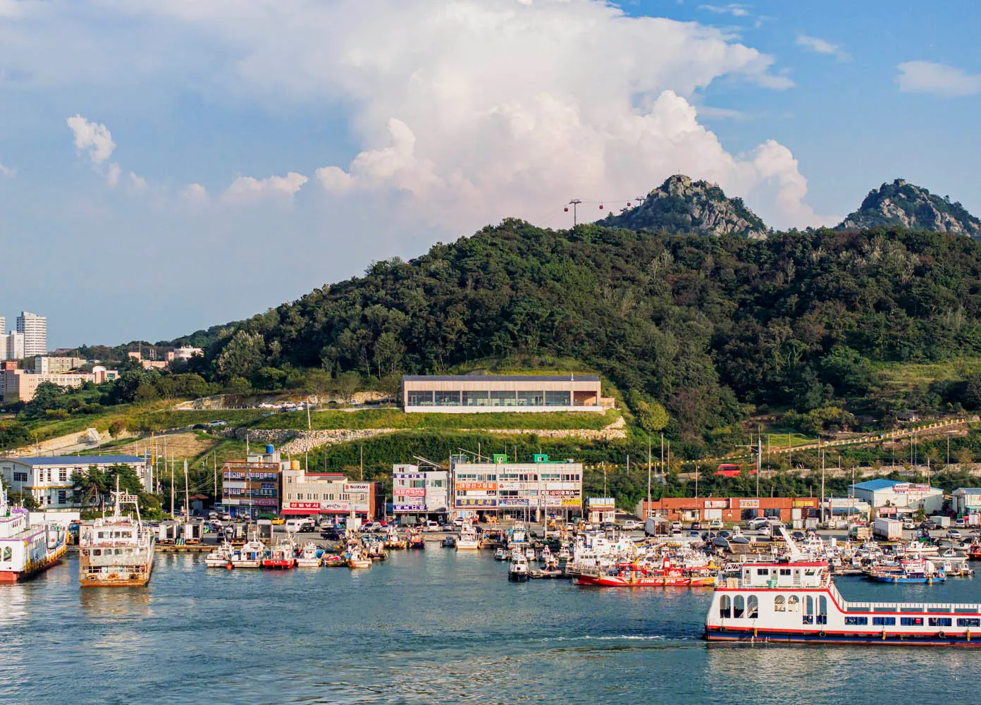A hotel building situated on a hillside overlooking a harbor with boats docked at various positions, creating a lively atmosphere