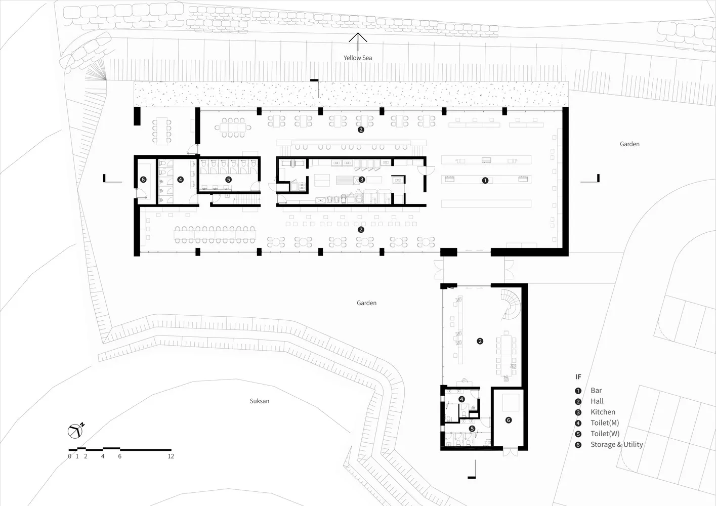 2D floor plan of a modern restaurant with dining and kitchen areas, featuring multiple tables, chairs, and sinks