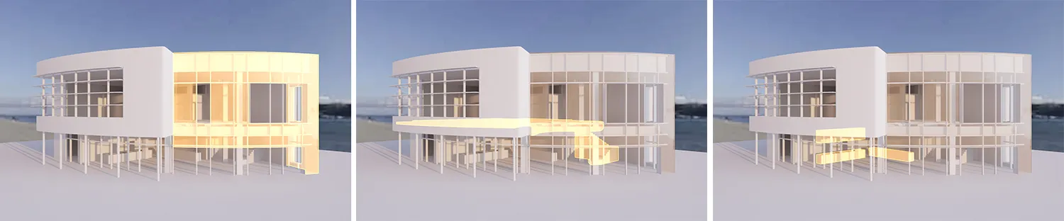 一座現代混凝土外觀建築，擁有大型窗戶與明亮室內空間