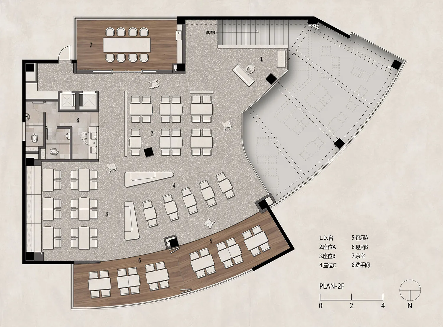 現代建築室內的 2D 平面圖，木質地板與中性色調，包含各式房間與空間