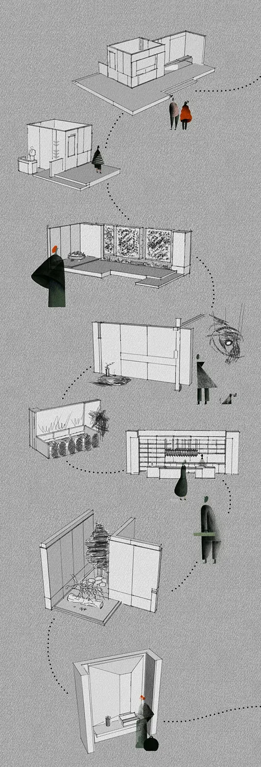 Architectural drawing of a modern residential interior with multiple rooms, including a dining area, kitchen, and living room, featuring various furniture and occupants