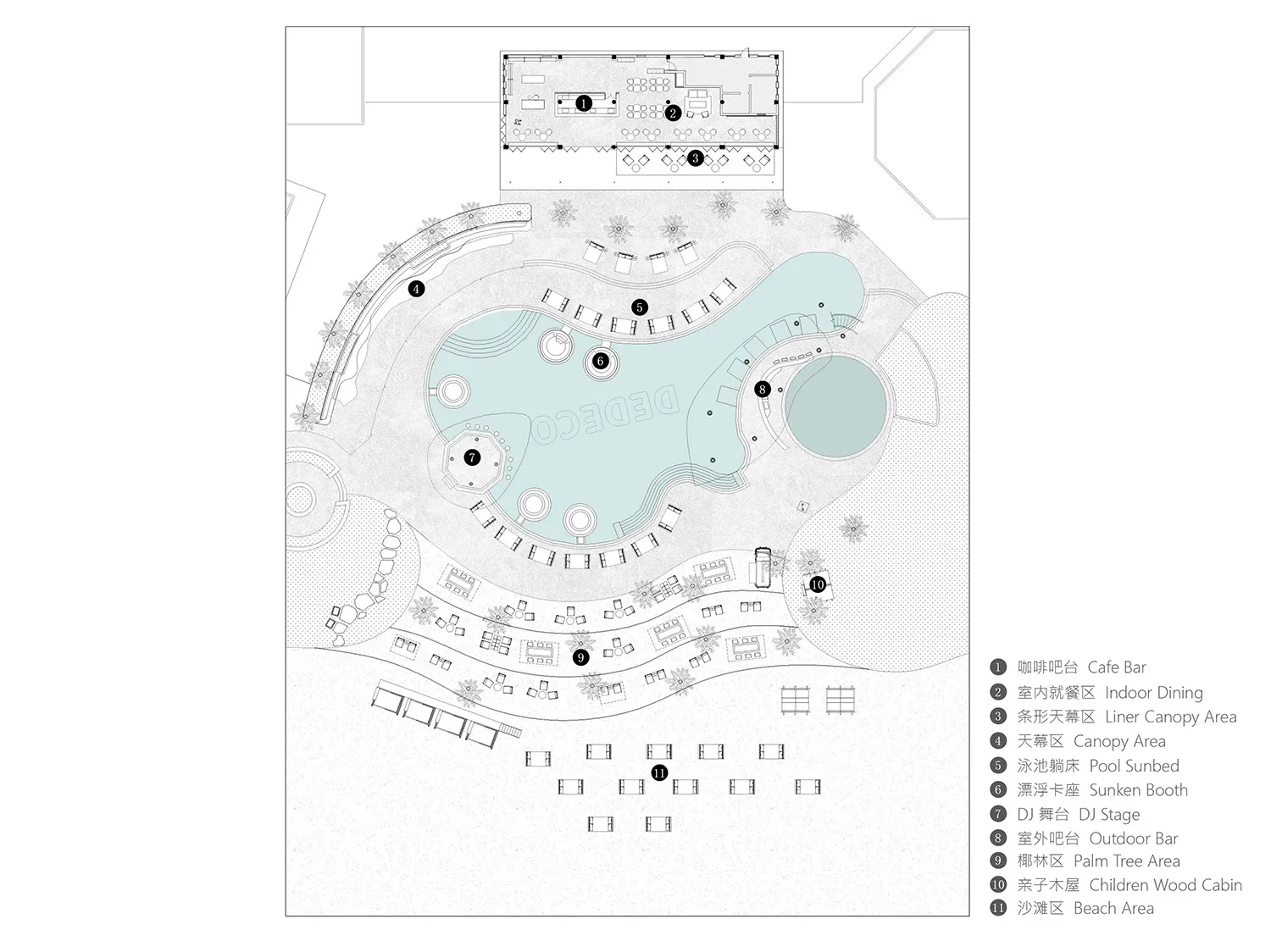 A 2D floor plan of a large building with a central swimming pool surrounded by seating areas and dining tables, featuring multiple chairs and a modern design