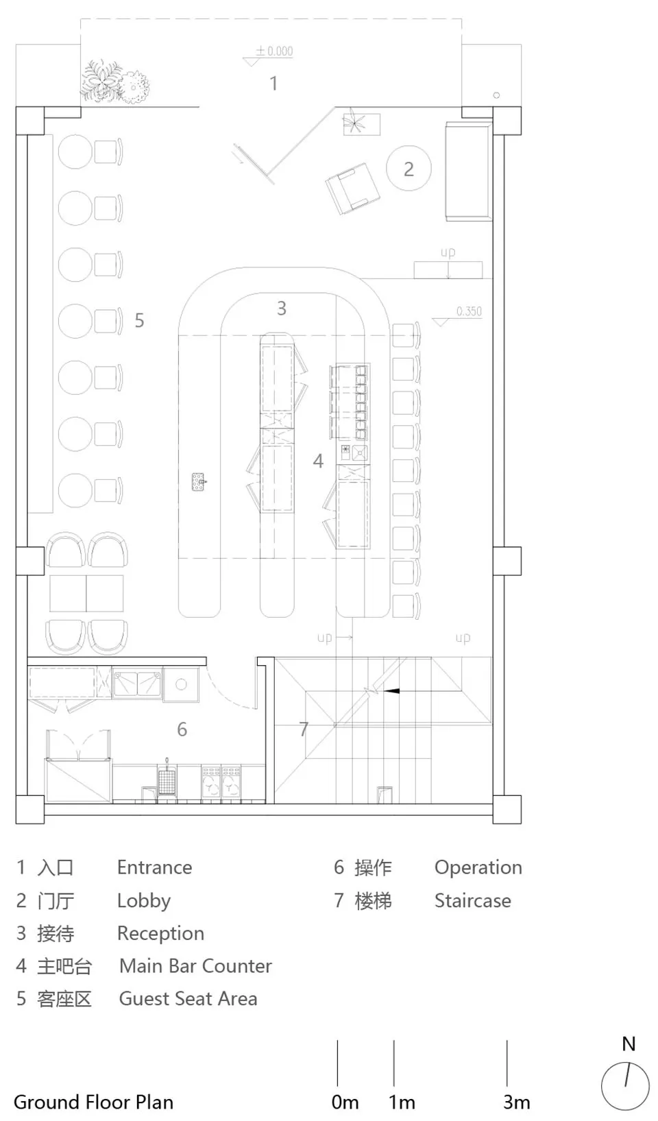 An architectural drawing of a restaurant interior with multiple seating areas, chairs, and dining tables, creating a comfortable atmosphere for guests