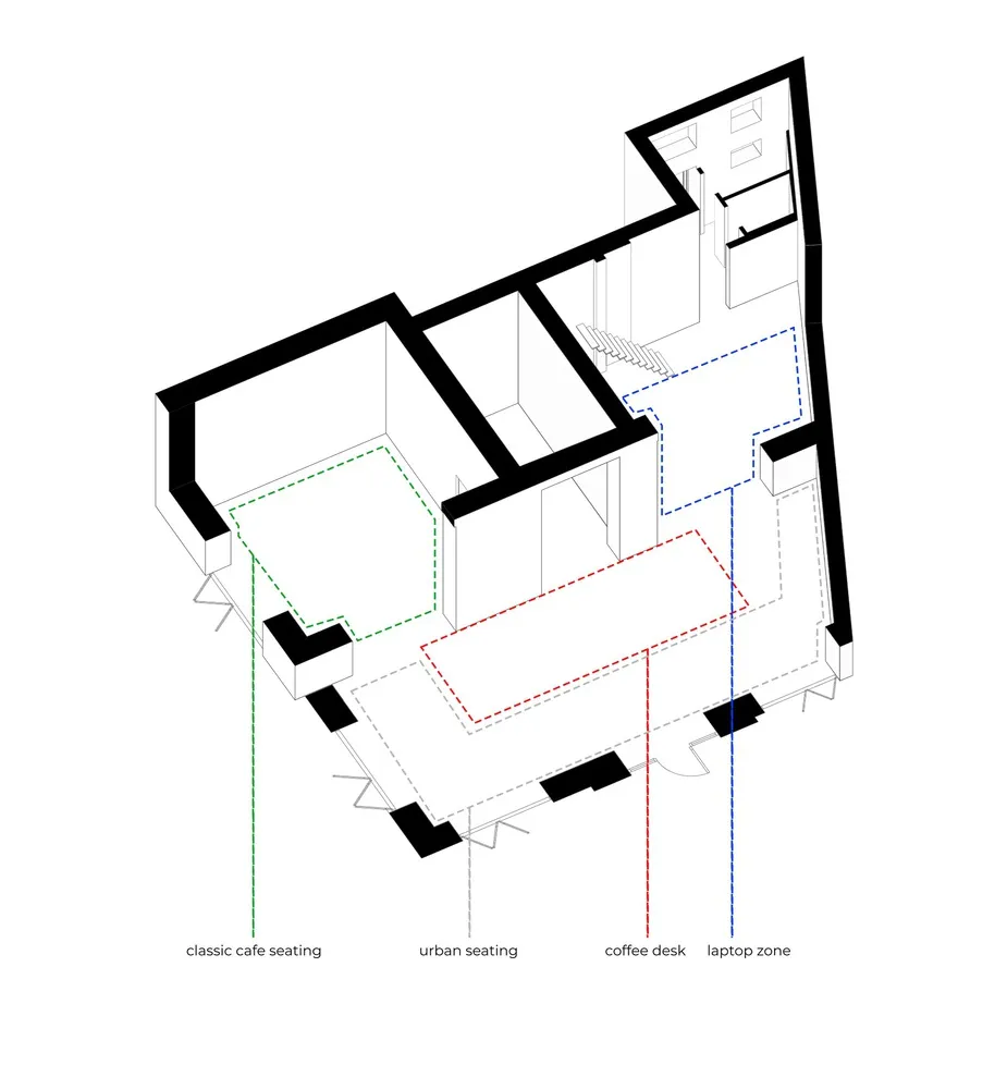 現代辦公空間的 2D 平面圖，包含咖啡店、休憩區與辦公區，標註線條、標籤與尺寸