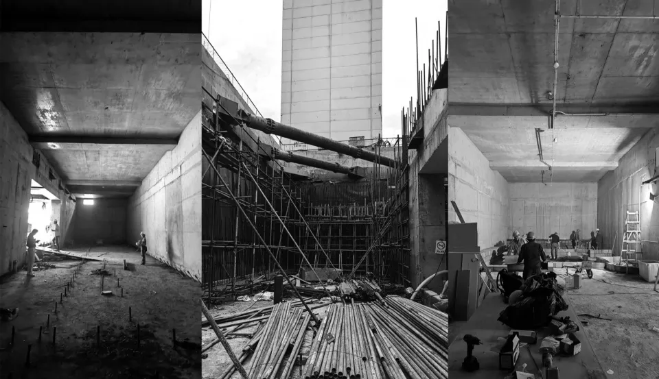 Three images of an underground construction site with various equipment and tools, including pipes, a crane, and workers