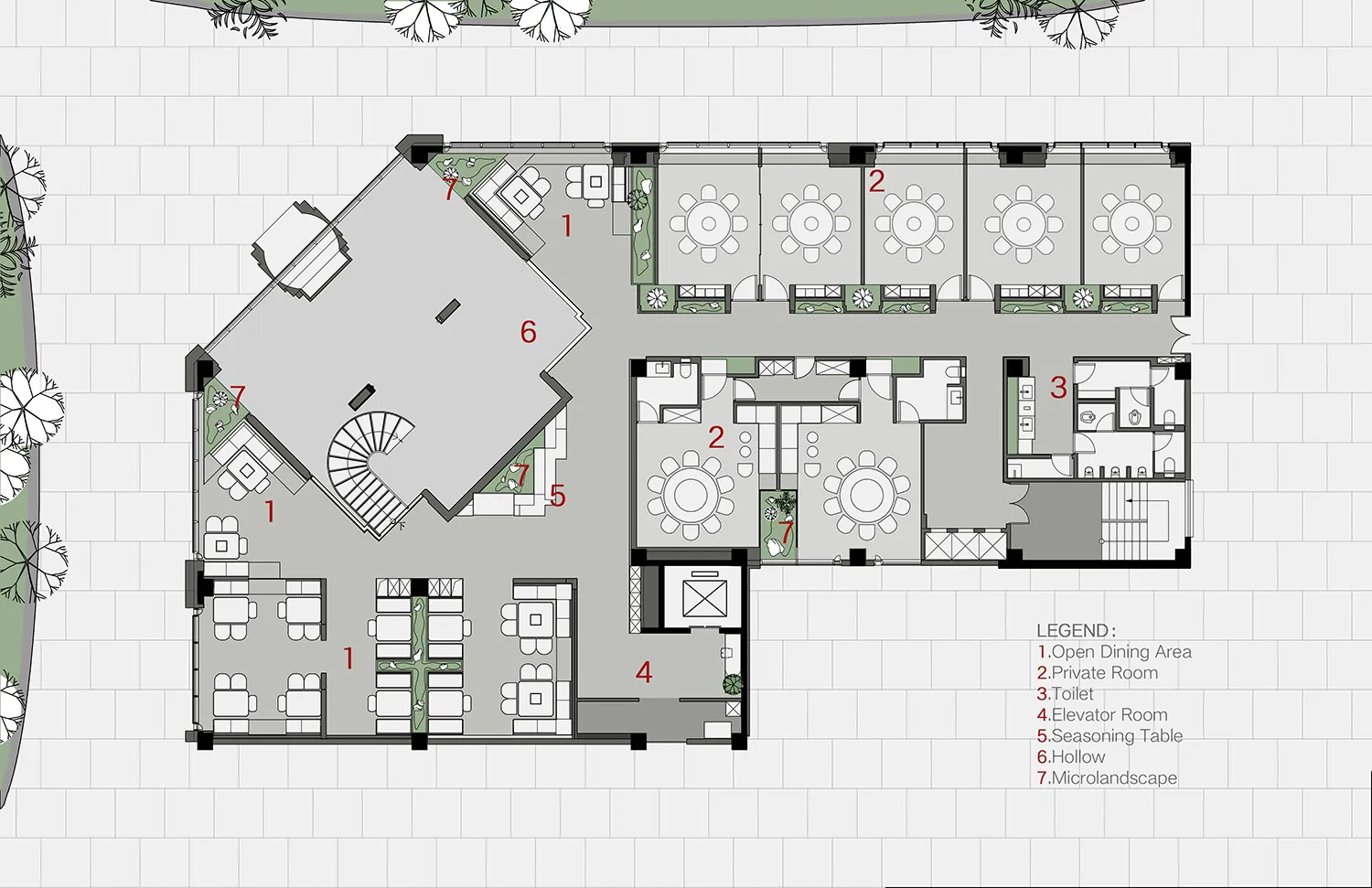 2D floor plan of a modern dining space with multiple tables, chairs, and potted plants, featuring linework, labels, and symbols