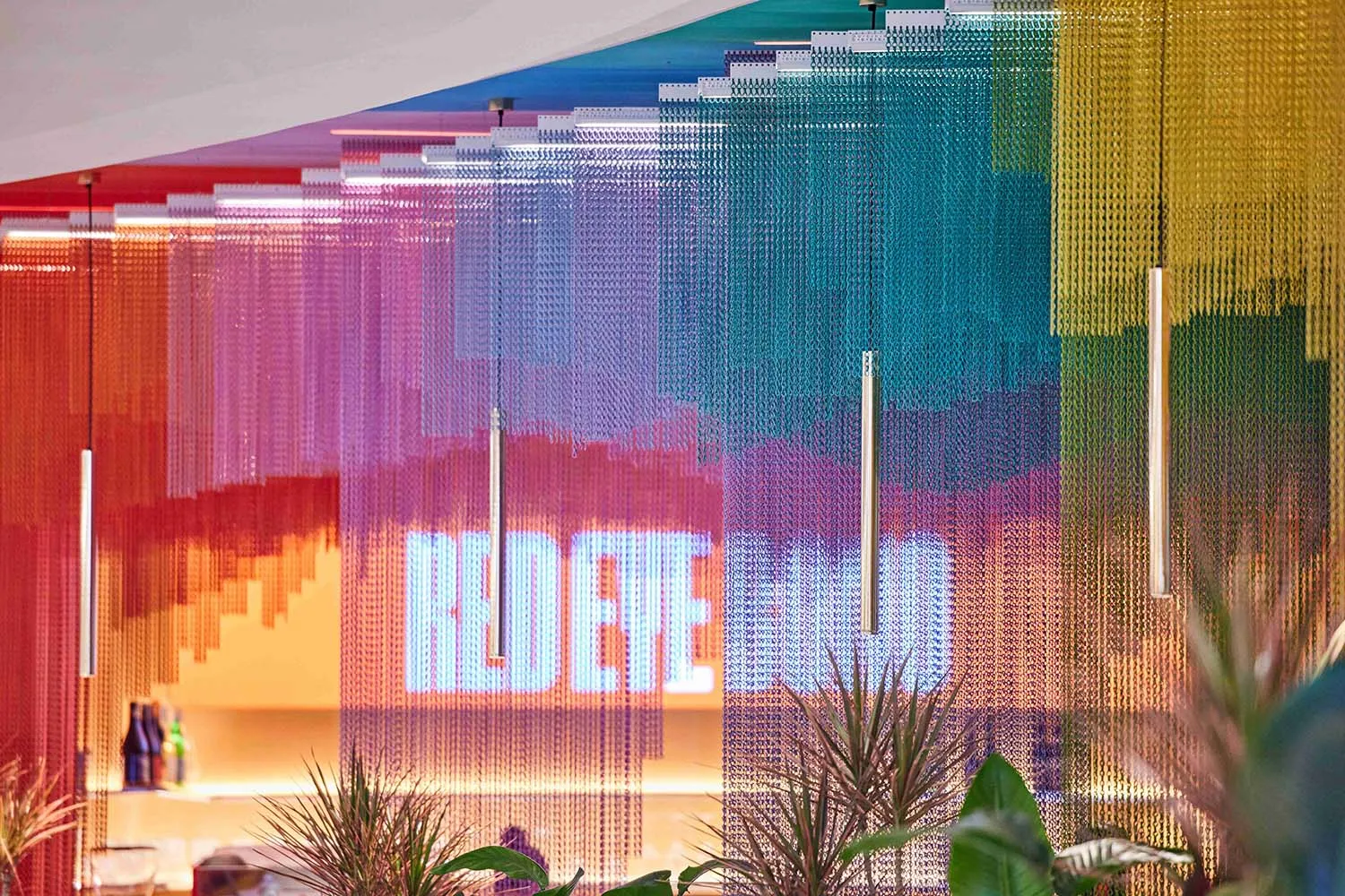 A colorful wall design with red, yellow, green, and blue hues, featuring two potted plants in a lively and vibrant interior space