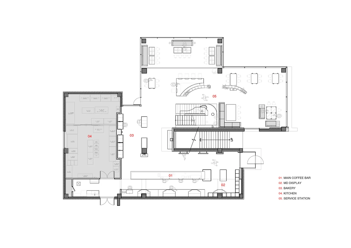2D floor plan of a hotel with modern and traditional elements, featuring a kitchen, dining room, living room, and bedrooms, with white materials and natural light