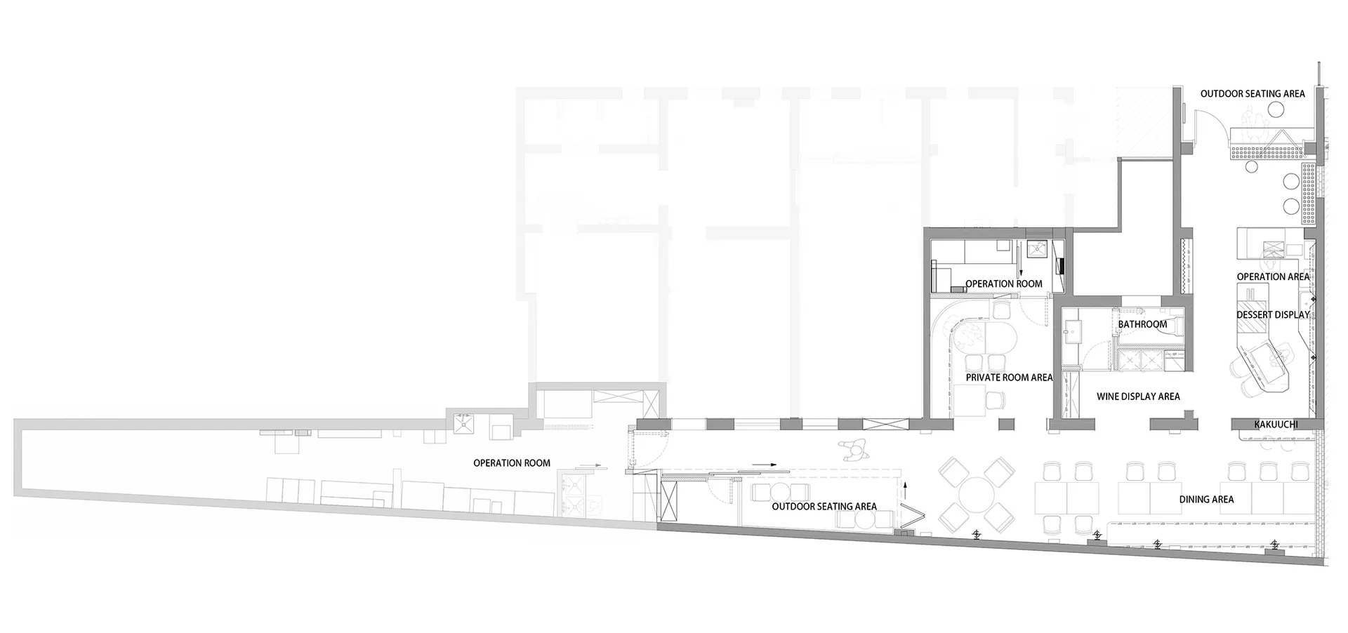 2D floor plan of a modern hospital with connected rooms, operation room, sitting area, and hallways