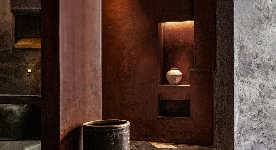 Warm and inviting interior space with a brown wall, a vase, a bowl, and natural materials like wood and stone