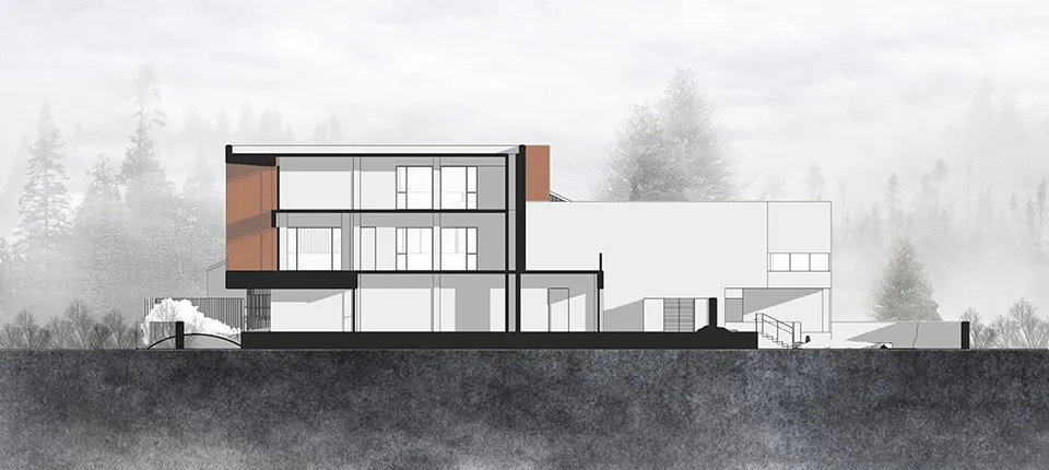 A modern house with multiple levels, large windows, and a calm atmosphere, featuring a living area and dining area