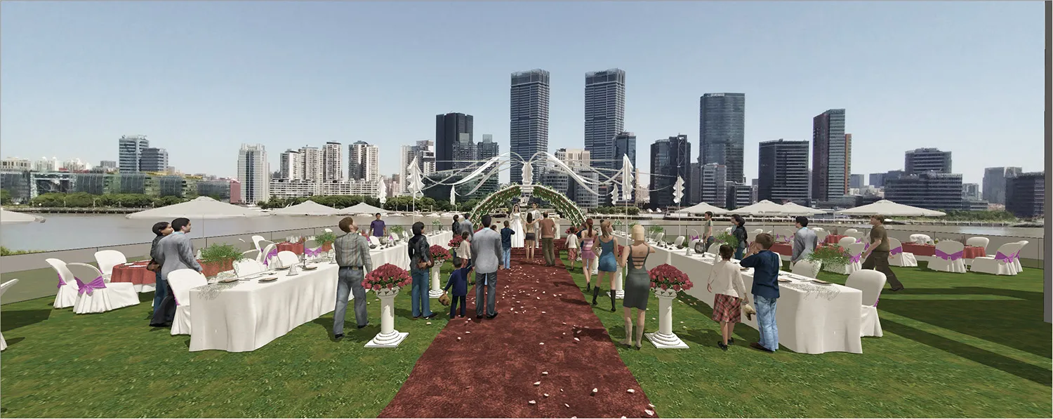 A busy city street with tall buildings in the background, lined with potted plants, chairs, umbrellas, and vases, with people walking along the sidewalk