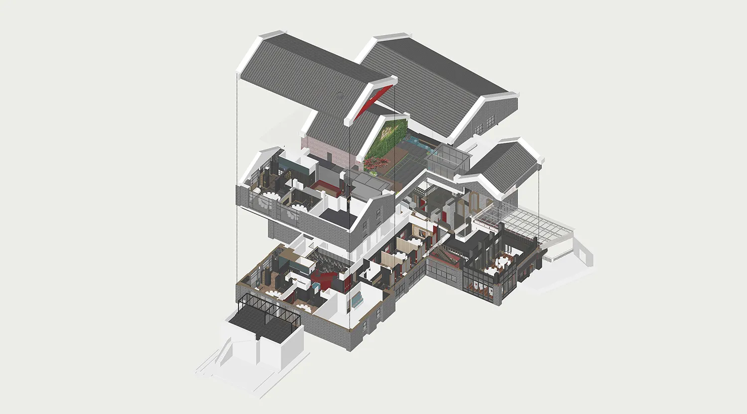 現代多層住宅設計，包含客廳、餐廳、廚房與臥室，搭配木質與磁磚地板、多彩牆面，以及自然與人工照明