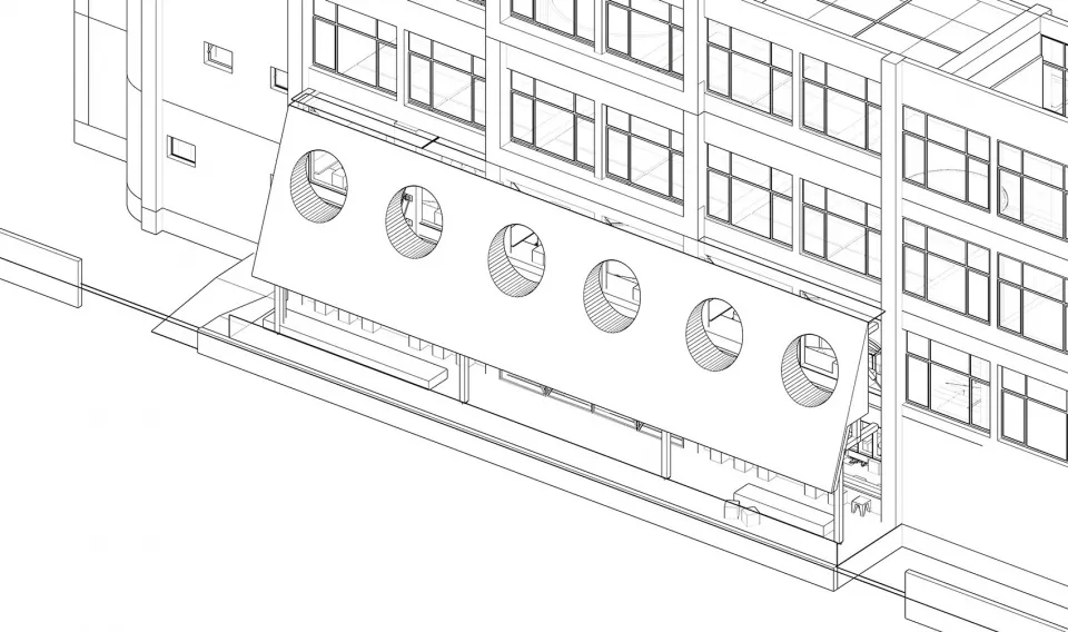 現代建築的 2D 平面圖，包含多個房間、有長椅的房間，以及立面窗戶