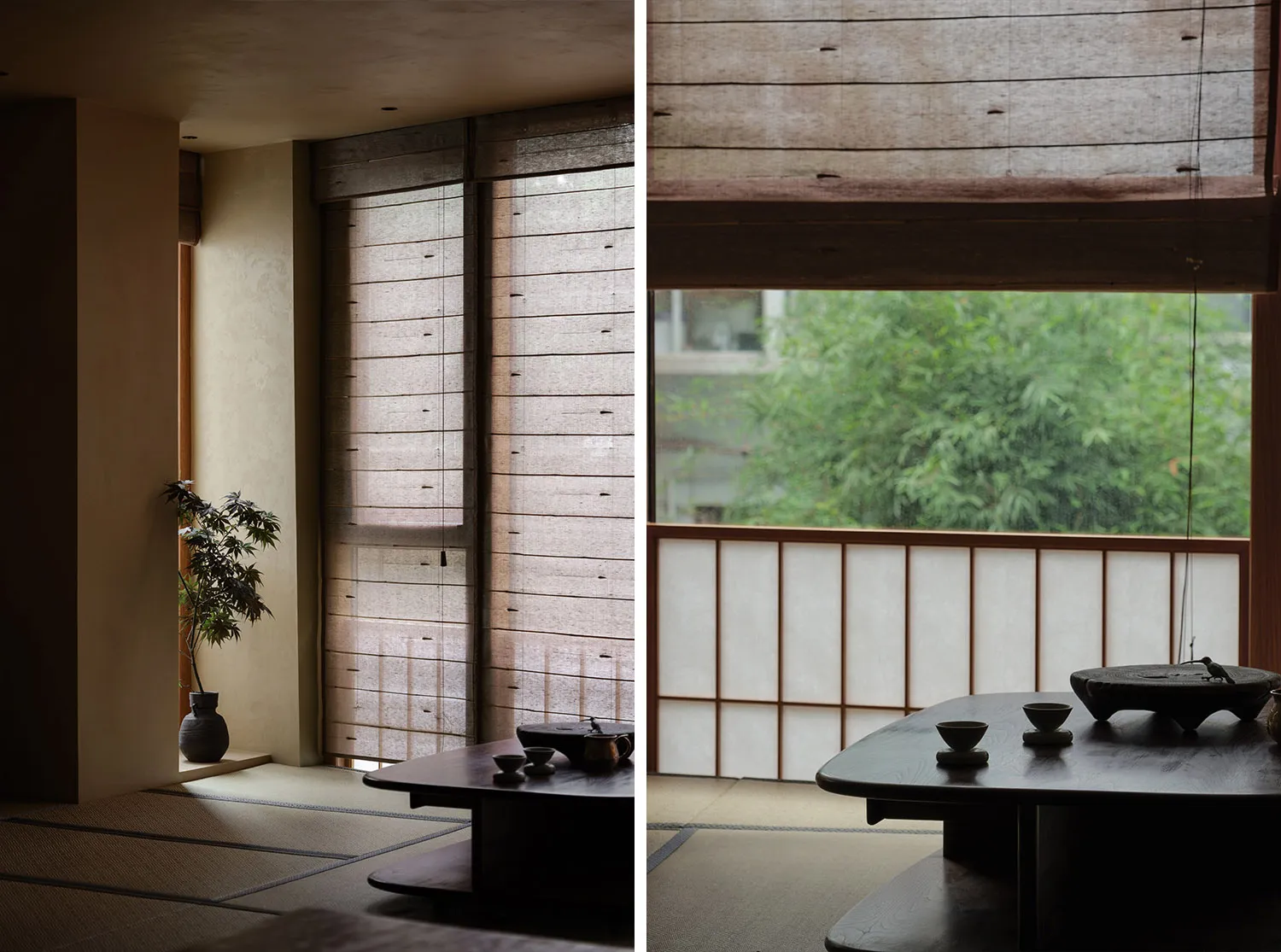 溫暖舒適的居家環境，擁有木質牆面、餐廳區，以及環繞桌椅的餐桌與多個碗盤