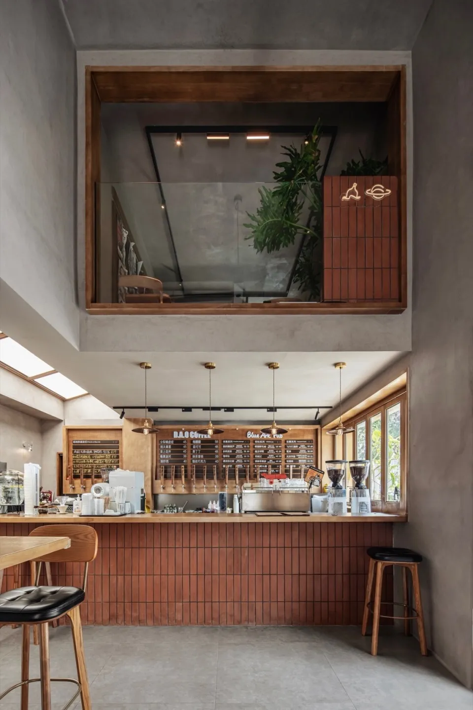 Cozy cafe with a wooden countertop, chairs, stools, and multiple cups, creating a warm and inviting atmosphere