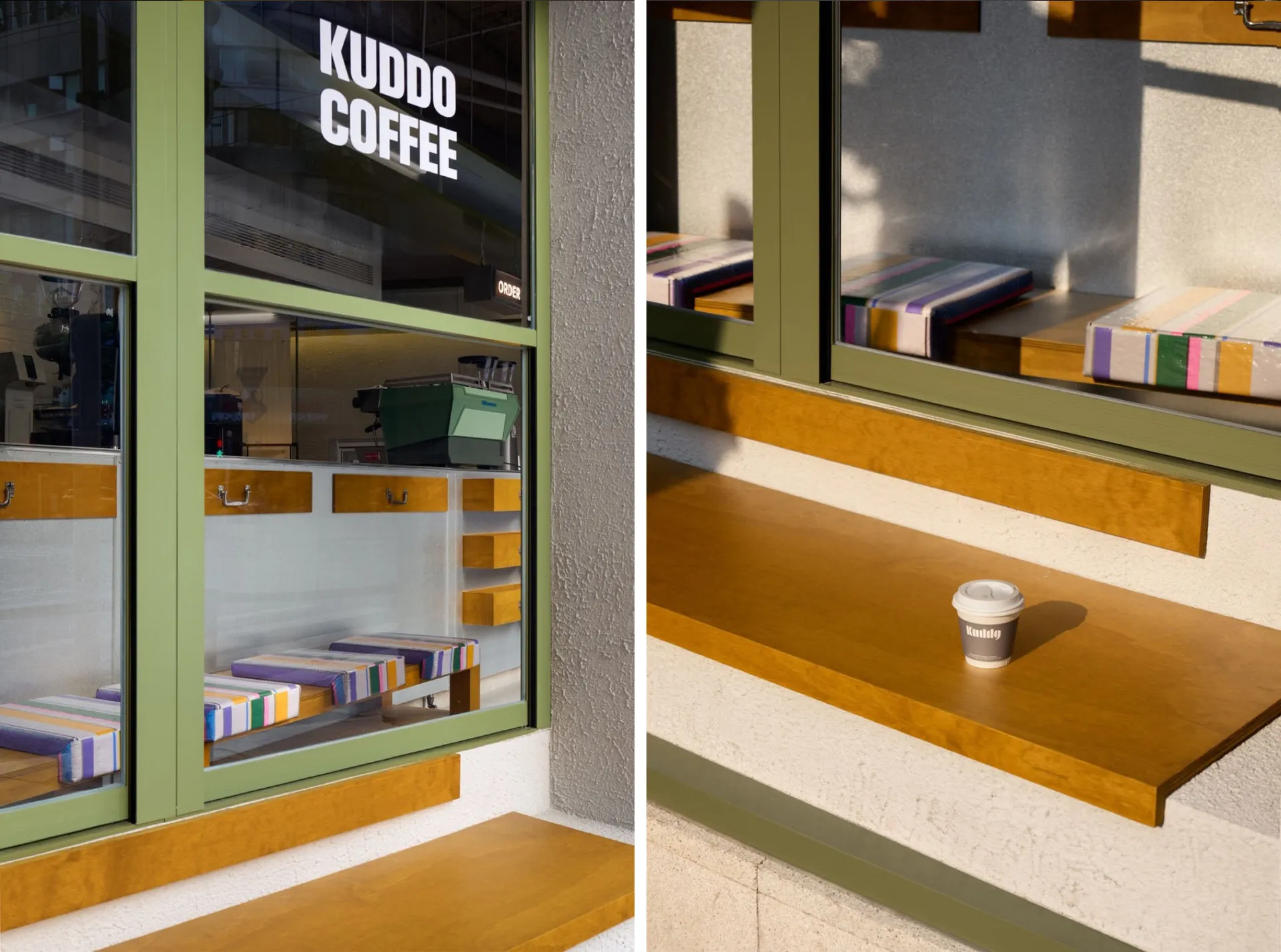 A coffee shop counter with chairs and benches, a cup on the counter, and an inviting atmosphere