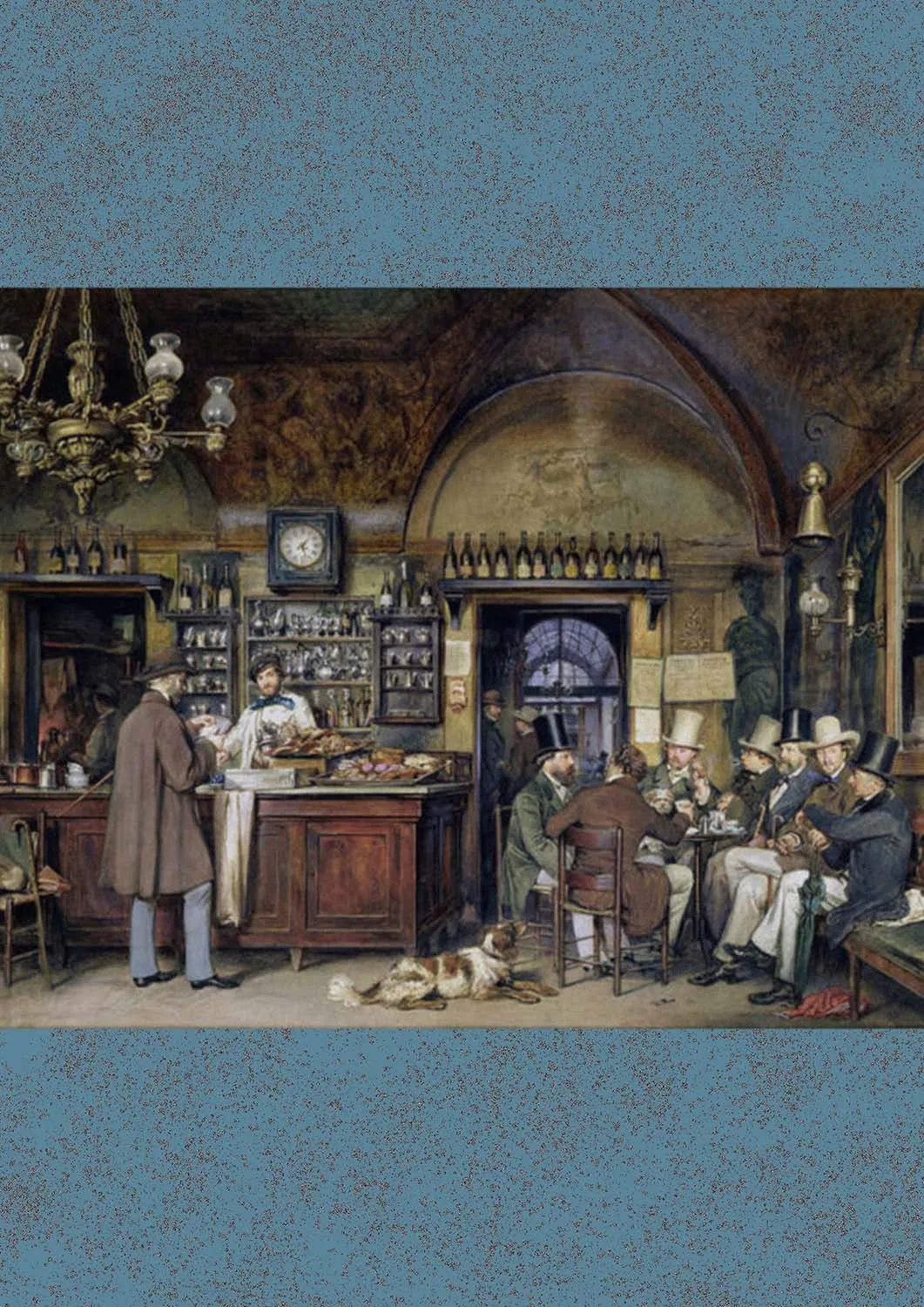 A lively bar scene with patrons, tables, chairs, a clock, bottles, and wine glasses, set in a warm and social atmosphere