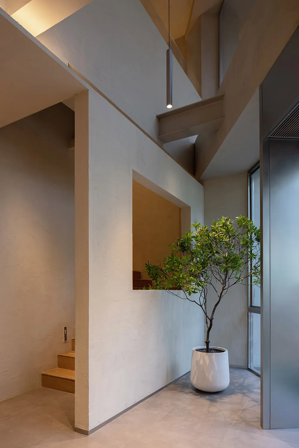 A calm indoor space with a white wall, a tree in a pot, and two potted plants, with a vase nearby, creating a peaceful atmosphere