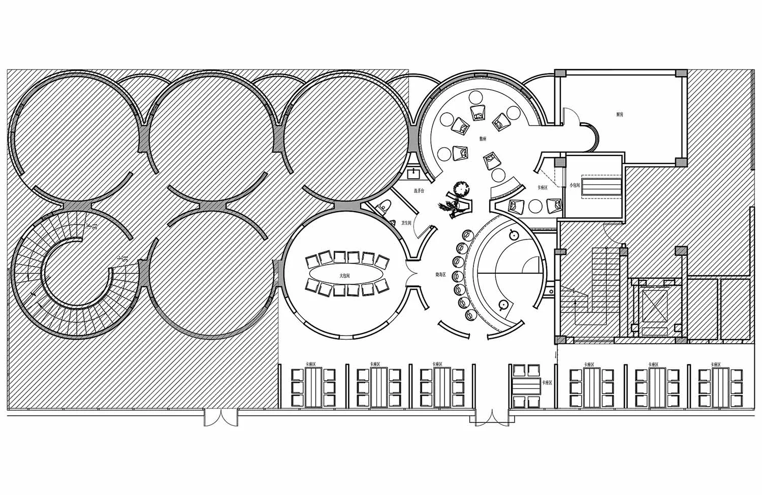 A modern floor plan featuring a large circular area surrounded by chairs, with clean lines and minimalistic design elements, well-lit with possible windows or artificial light sources