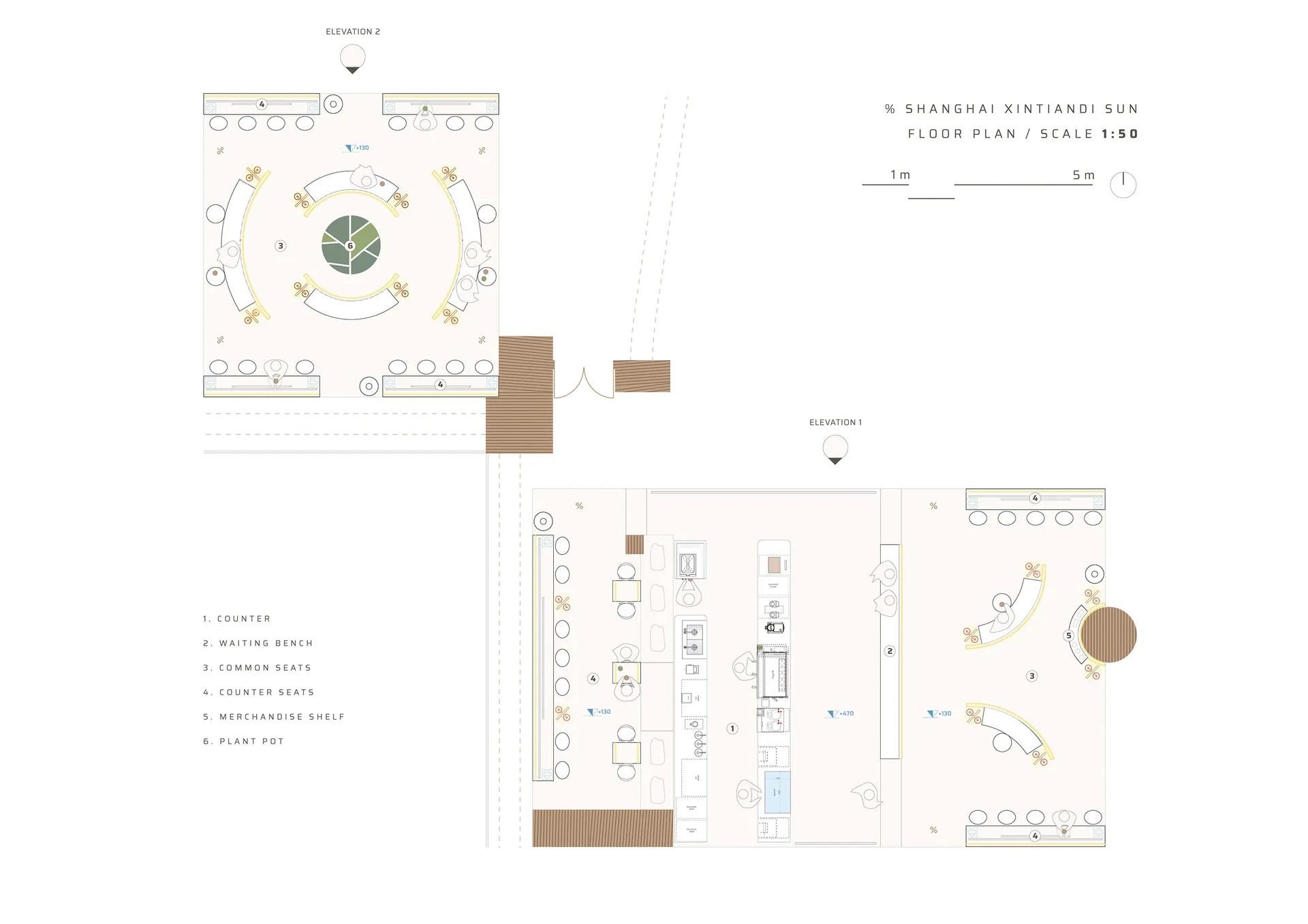 2D floor plan of a modern restaurant with wood and metal elements, featuring seating arrangements, potted plants, and dim lighting