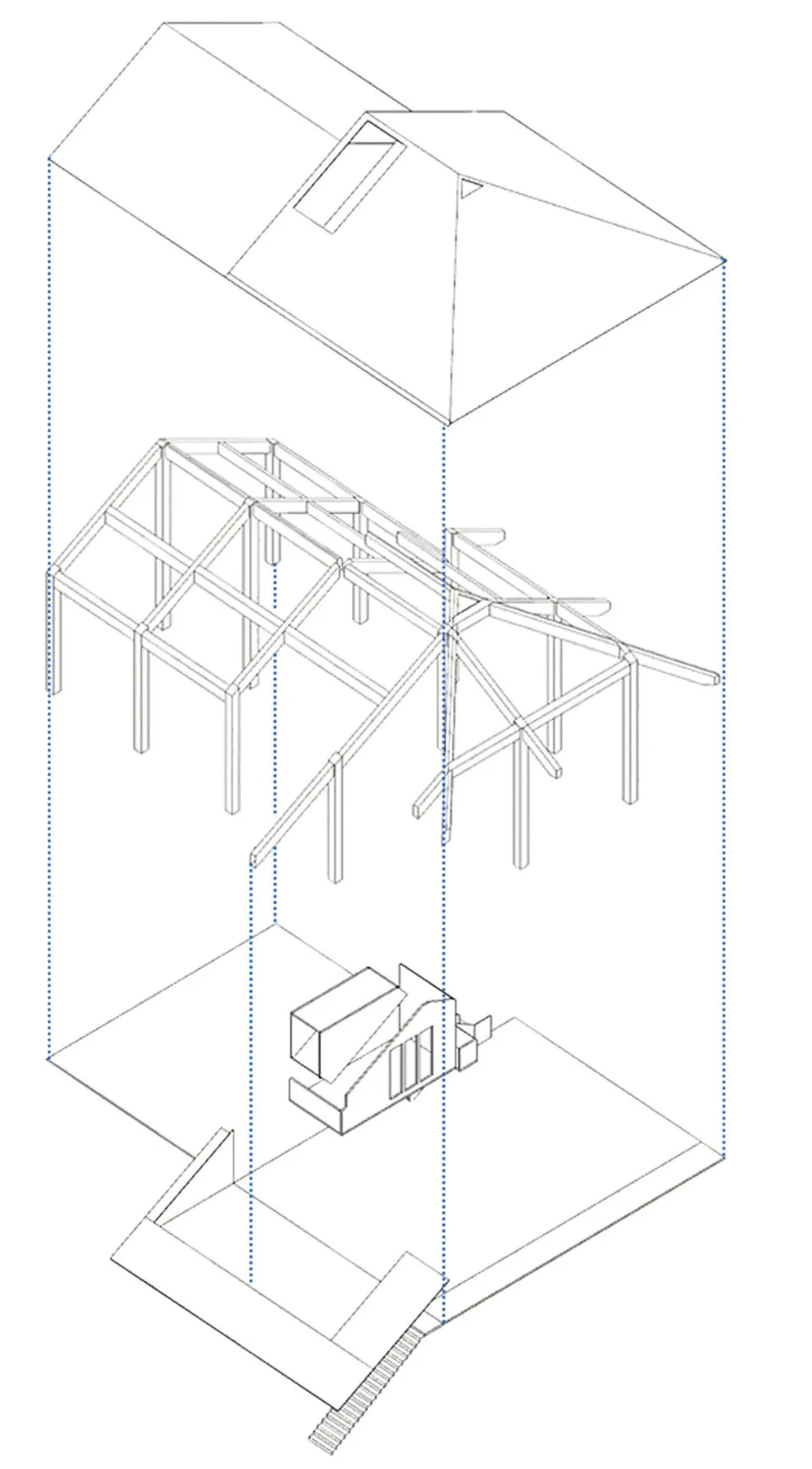 一座融合傳統與現代建築風格的施工中建築，特色為木樑、金屬構件，以及室內外空間的結合