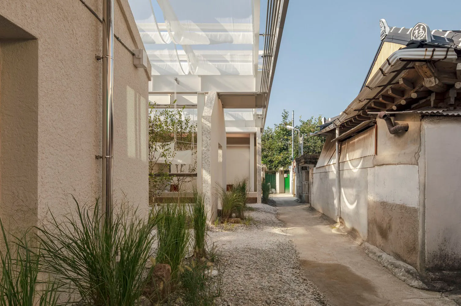 一棟現代住宅，外牆為白色，綠色大門，附露台區域，周圍環繞盆栽植物與裝飾花瓶