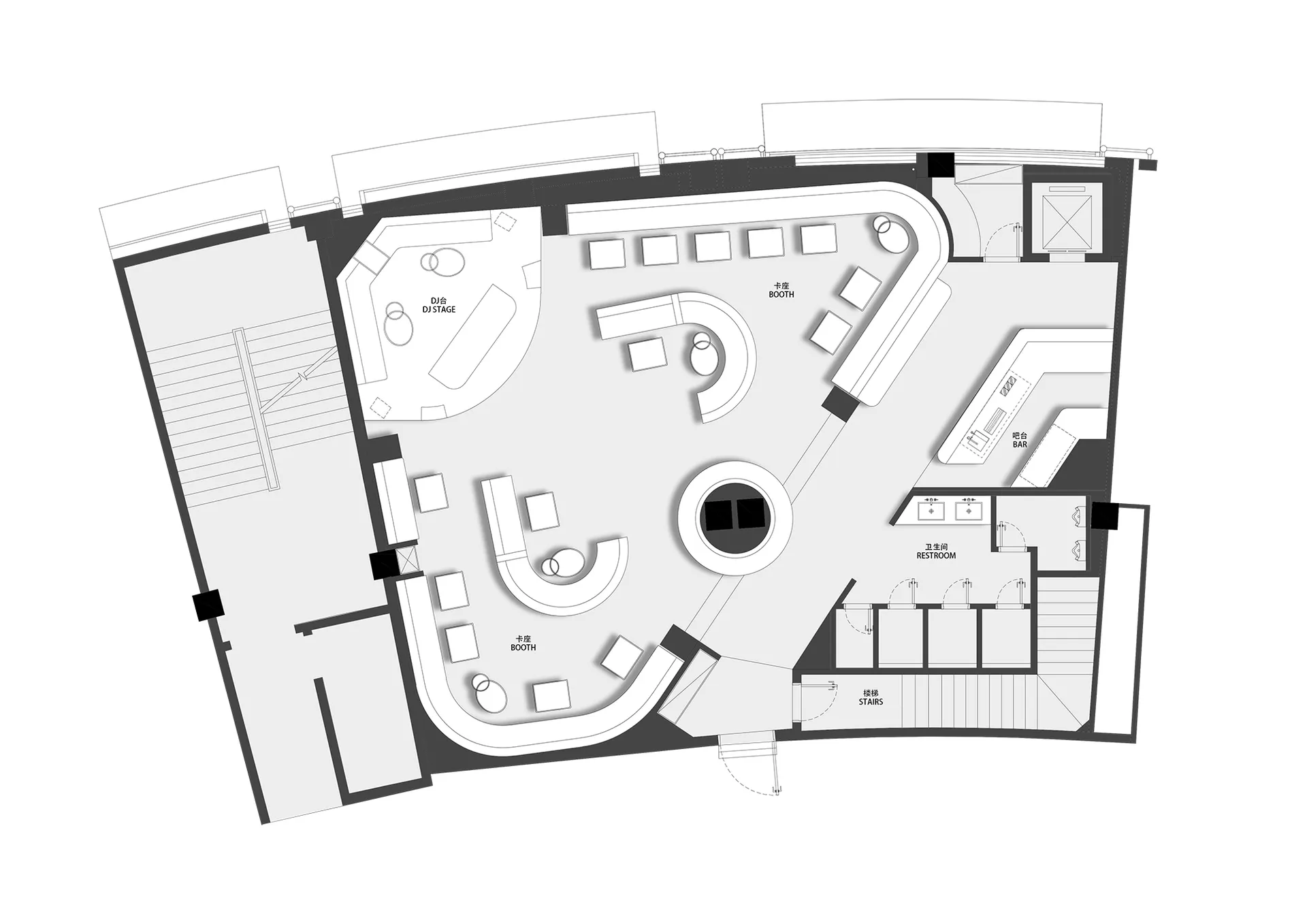 A modern building with multiple levels, including a basement, featuring a mix of open and enclosed spaces, clean lines, and minimalistic elements, with ample natural light and predominantly white materials