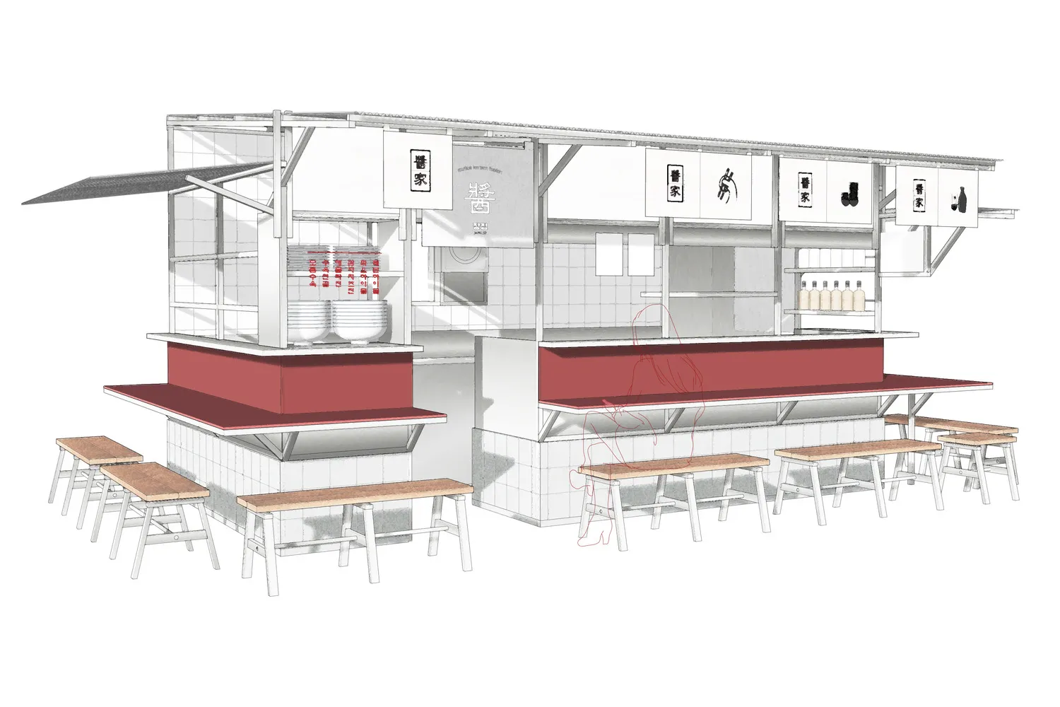Empty restaurant kitchen with a counter, stools, sink, refrigerator, and scattered bottles, appearing clean and well-organized