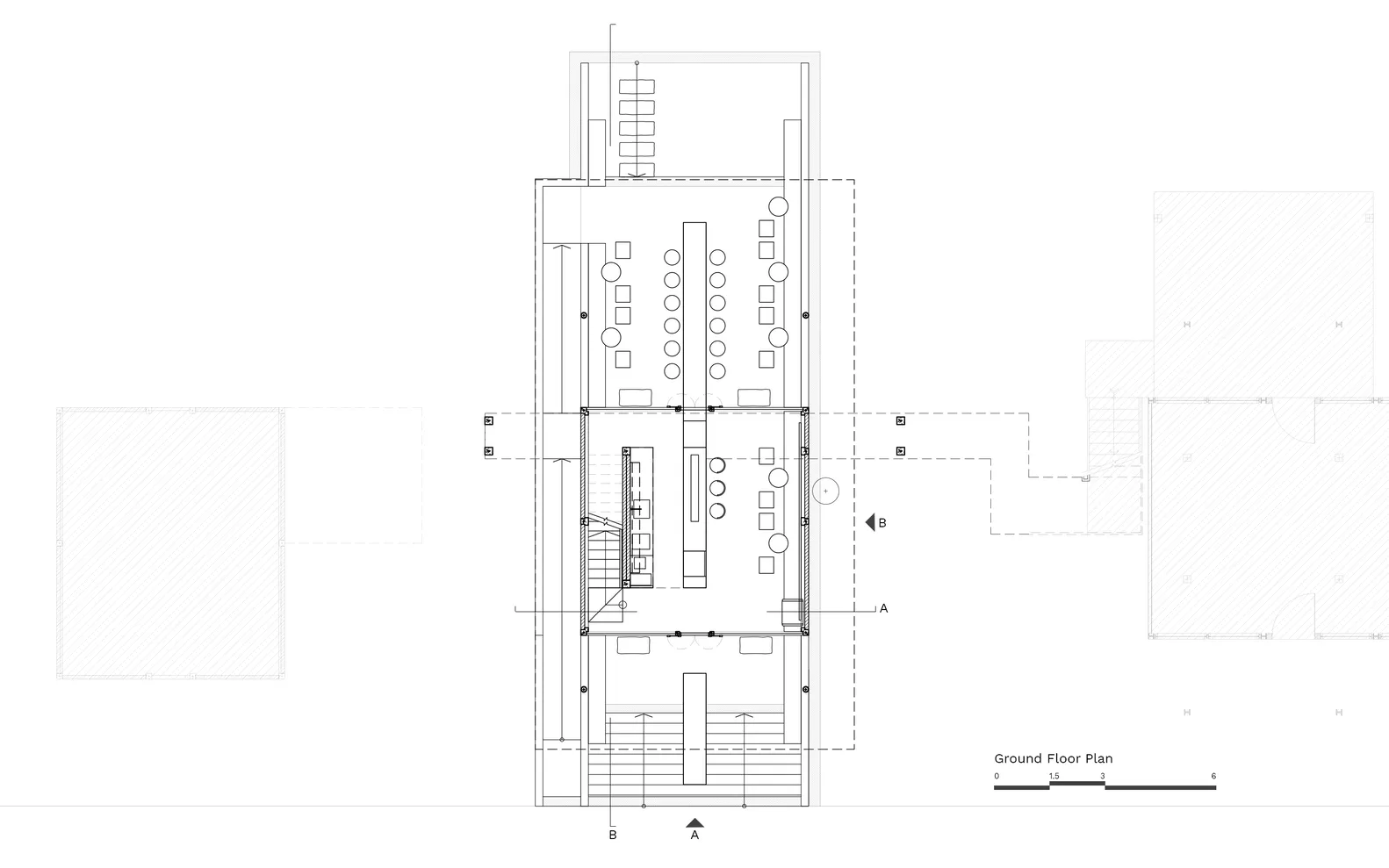 Ground floor plan of a modern restaurant with various rooms and spaces, stairs, seating arrangements, and functional elements, featuring neutral tones and clean lines