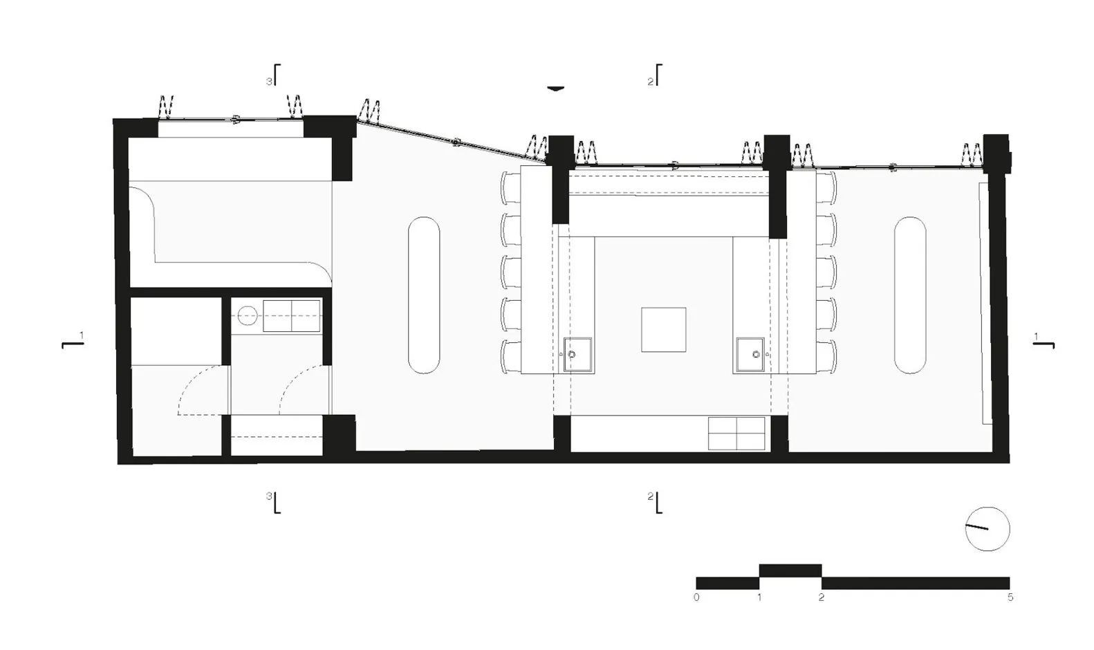 Architectural drawing of a multi-level residential interior with a dining area and kitchen, featuring various rooms and levels