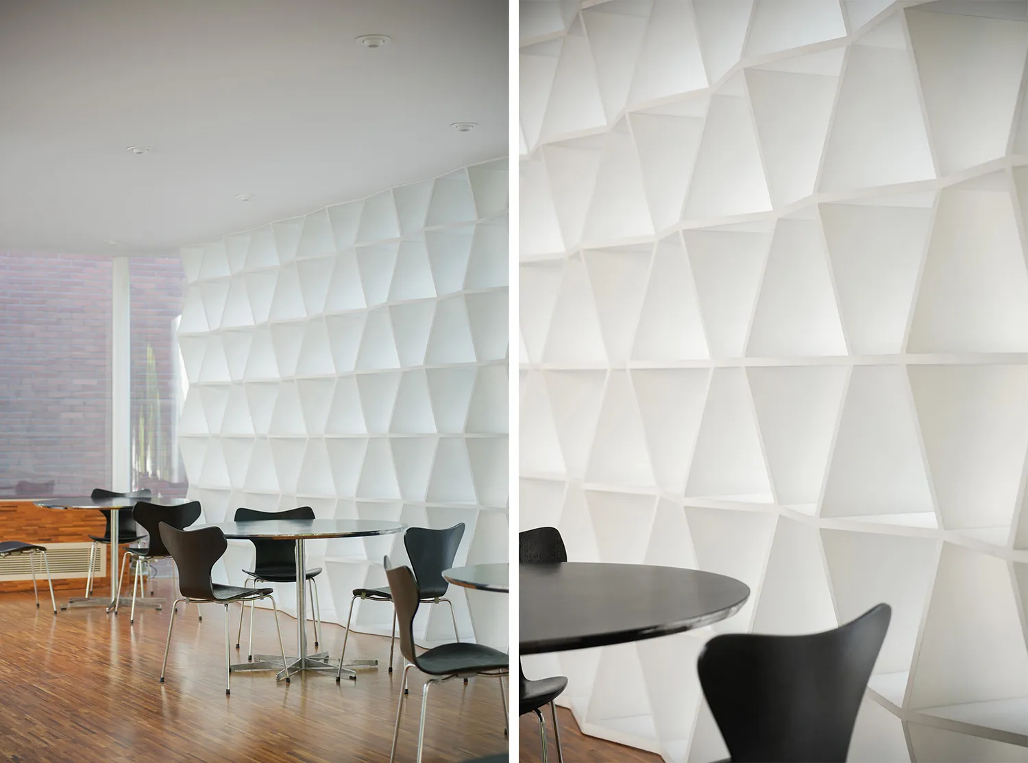 Dining area with a hexagonal wall, two dining tables, and modern furniture