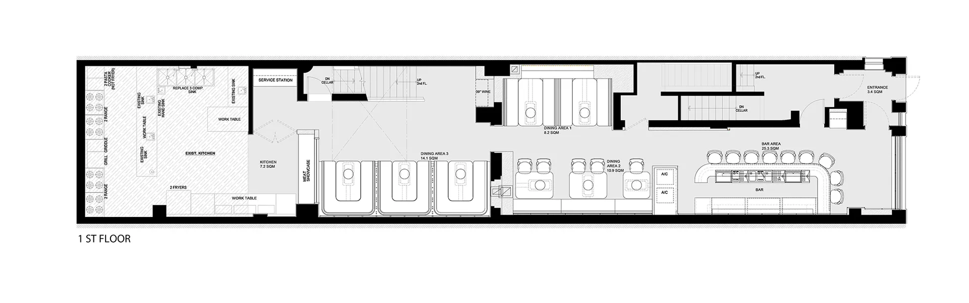 Modern bathroom with three toilets and two sinks, featuring clean lines and minimalistic elements