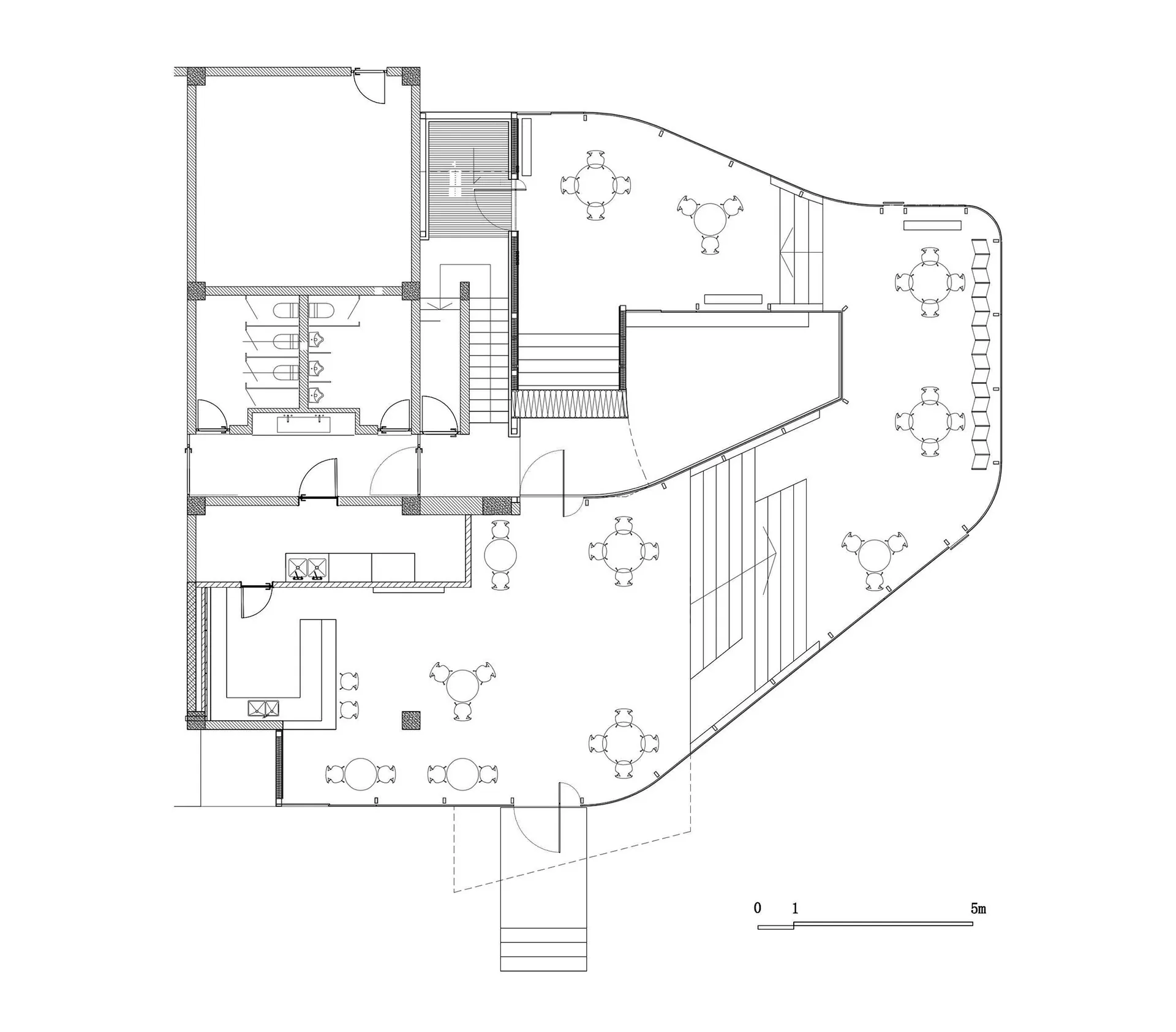 2D floor plan of a modern kitchen with stairs, chairs, dining tables, and a sink, featuring clean lines and minimalistic details