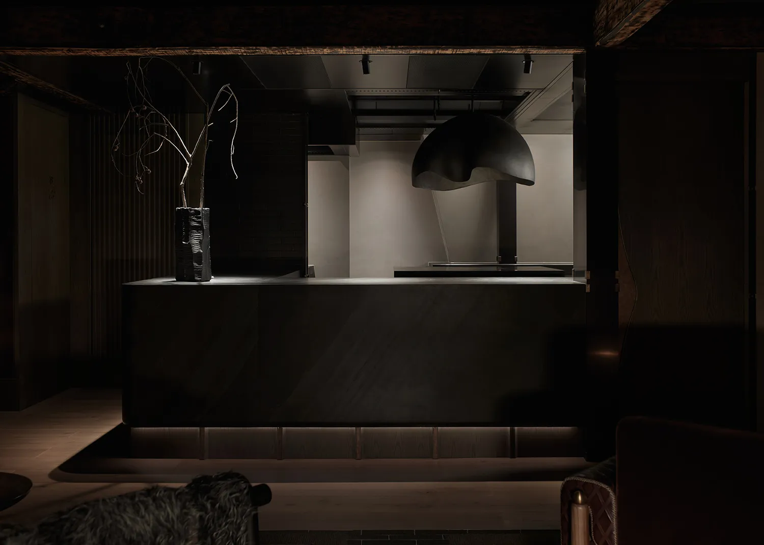 A kitchen with a black countertop, two chairs, a potted plant, and a vase, adding a touch of greenery and decoration