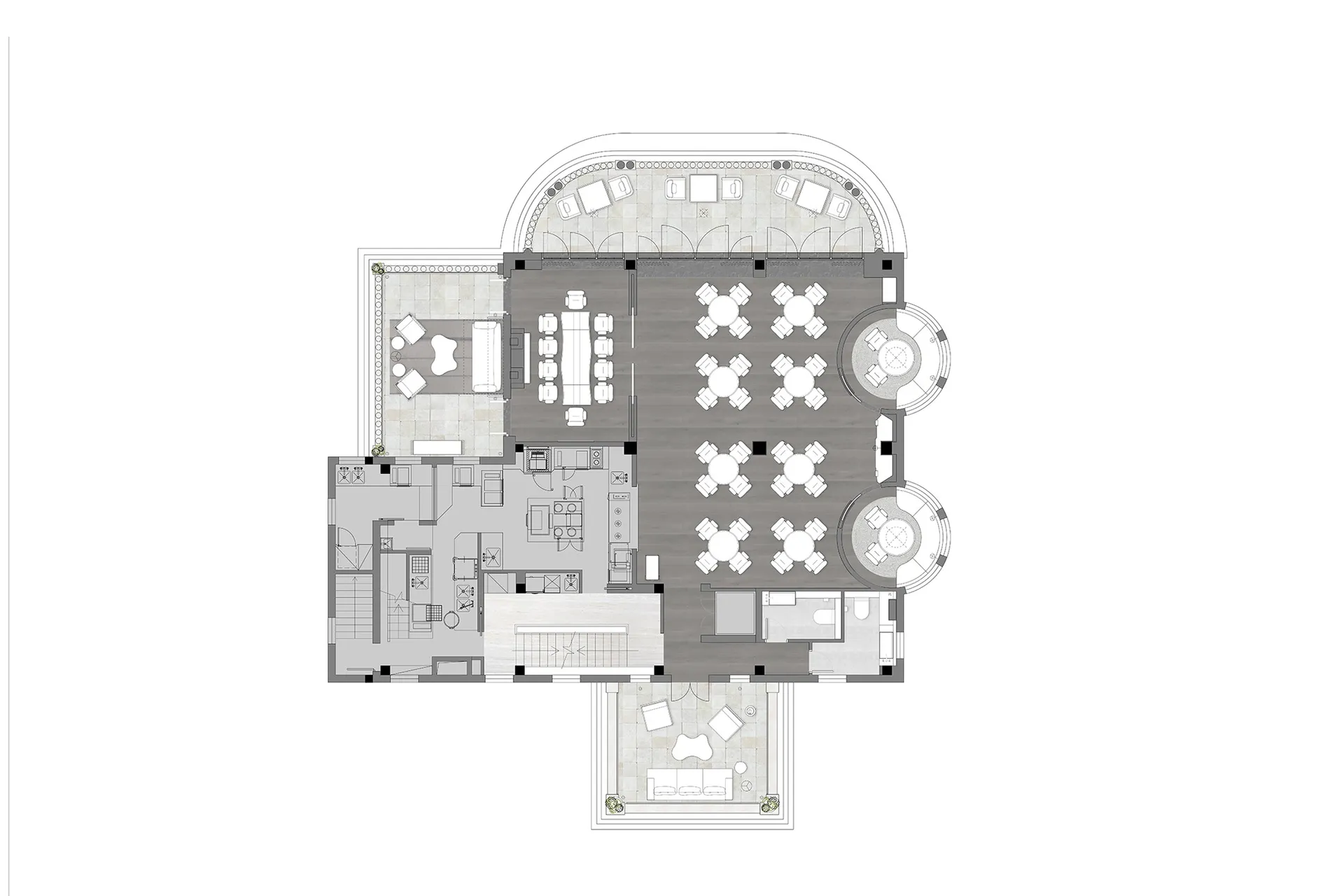大型建築室內的2D平面圖，空間內有多張餐桌、椅子與沙發，搭配盆栽植物，營造舒適氛圍