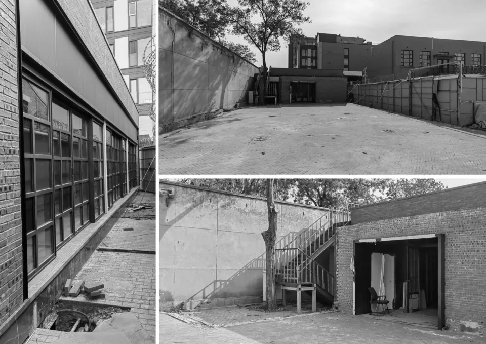 Black and white photo of a traditional brick building with a concrete structure, with a rendered architectural scene showing a staircase and a floor plan of the building's layout and design